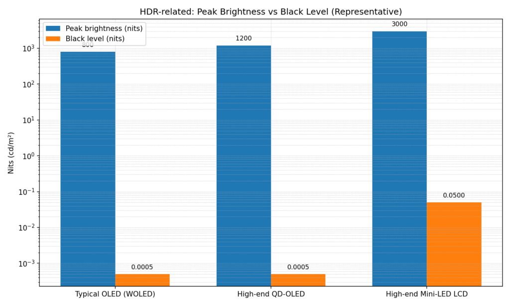 HDR vs OLED comparison chart showing peak brightness and black level differences between WOLED, QD-OLED, and Mini-LED displays.