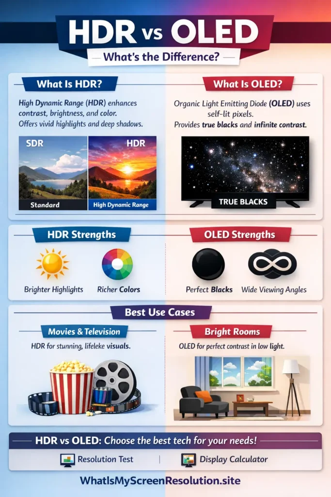 HDR vs OLED infographic explaining the differences between HDR and OLED, showing brightness, contrast, true blacks, and best use cases for movies and bright room viewing.