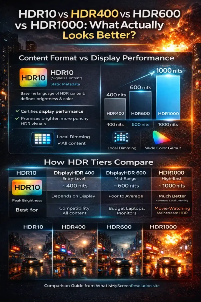 Infographic comparing HDR10 content format with DisplayHDR 400, 600, and 1000 tiers, showing peak brightness levels, local dimming, and color performance differences.