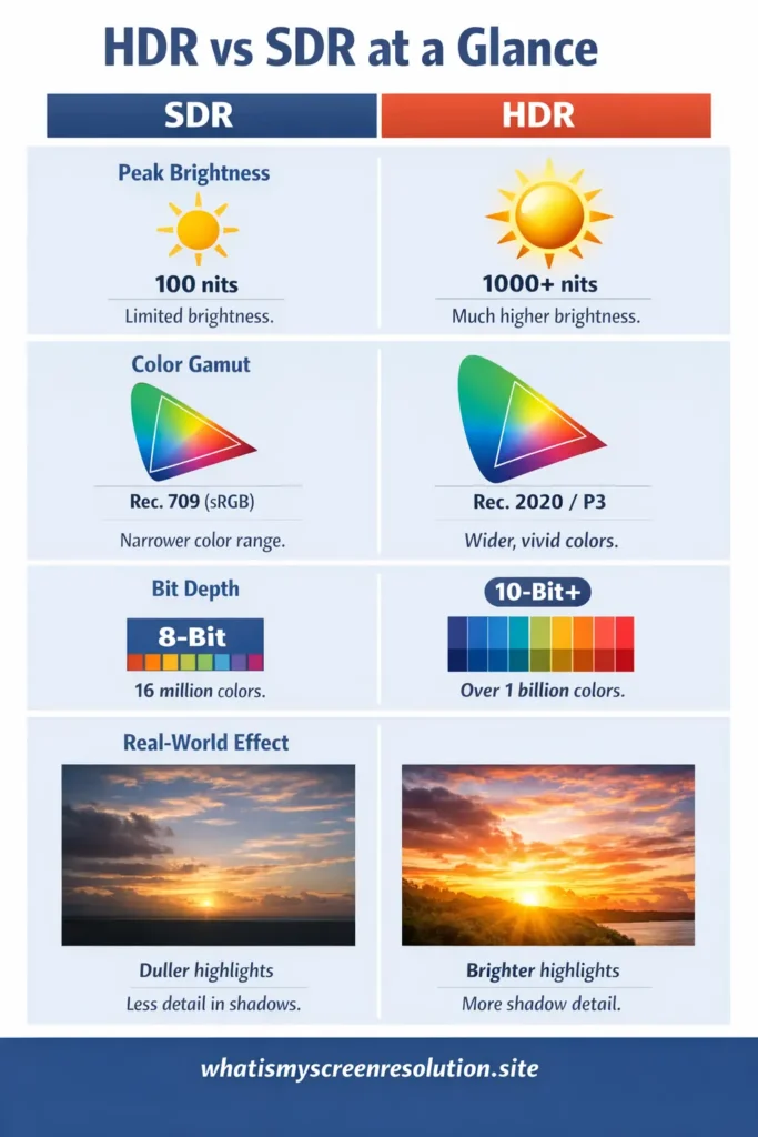Side-by-side comparison of HDR and SDR showing peak brightness, color gamut, bit depth, and real-world effects.