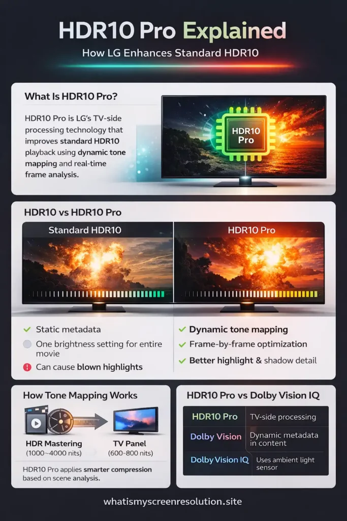 Infographic explaining HDR10 Pro, dynamic tone mapping, HDR10 vs HDR10 Pro comparison, and Dolby Vision IQ differences on LG TVs