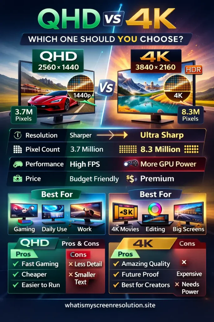QHD vs 4K infographic comparing 2560x1440 and 3840x2160 resolutions, showing 3.7 million vs 8.3 million pixels, gaming performance differences, GPU demand, and best use cases like gaming, editing, and big screens. whatismyscreenresolution.site