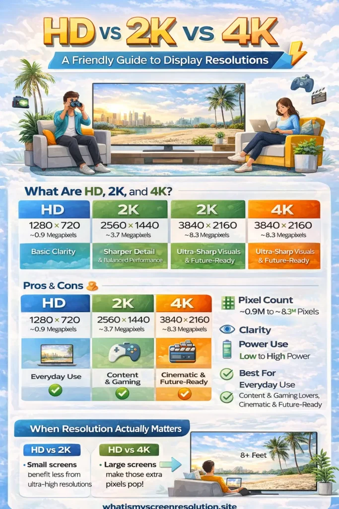 Pictographic infographic comparing HD, 2K, and 4K screen resolutions, showing pixel counts, clarity differences, best use cases, and when higher resolution actually matters, with visual icons and examples.