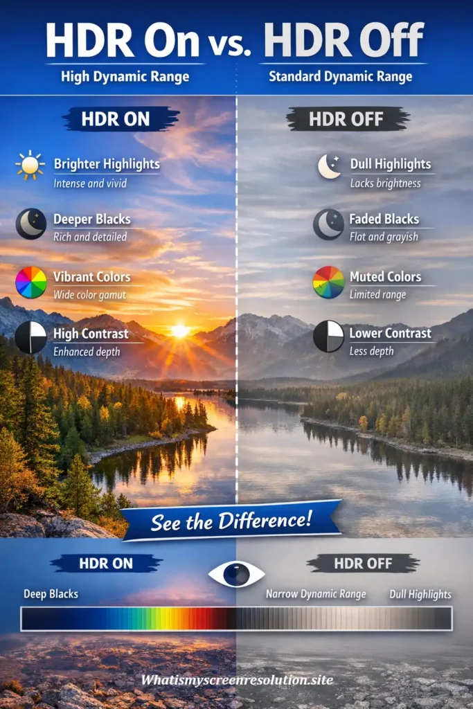 Side by side comparison showing HDR on versus HDR off with brighter highlights, deeper blacks, vivid colors, and higher contrast on an HDR display.