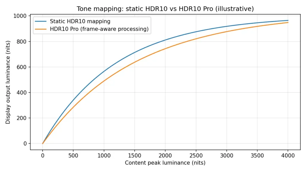 Tone mapping comparison between static HDR10 and HDR10 Pro showing how HDR10 Pro preserves highlight detail at higher brightness levels.