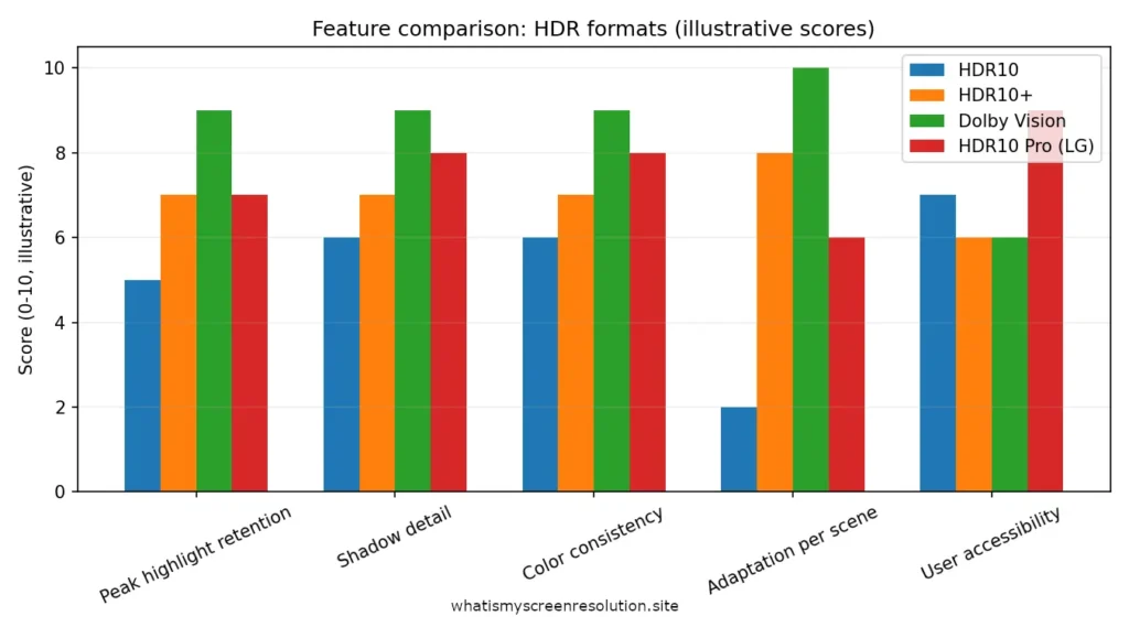 Feature comparison chart showing HDR10, HDR10+, Dolby Vision, and HDR10 Pro performance across highlight retention, shadow detail, color consistency, and scene adaptation.