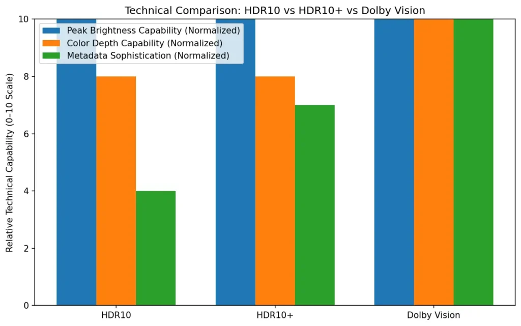 Normalized technical comparison chart of HDR10, HDR10+, and Dolby Vision showing peak brightness capability, color depth, and metadata sophistication.