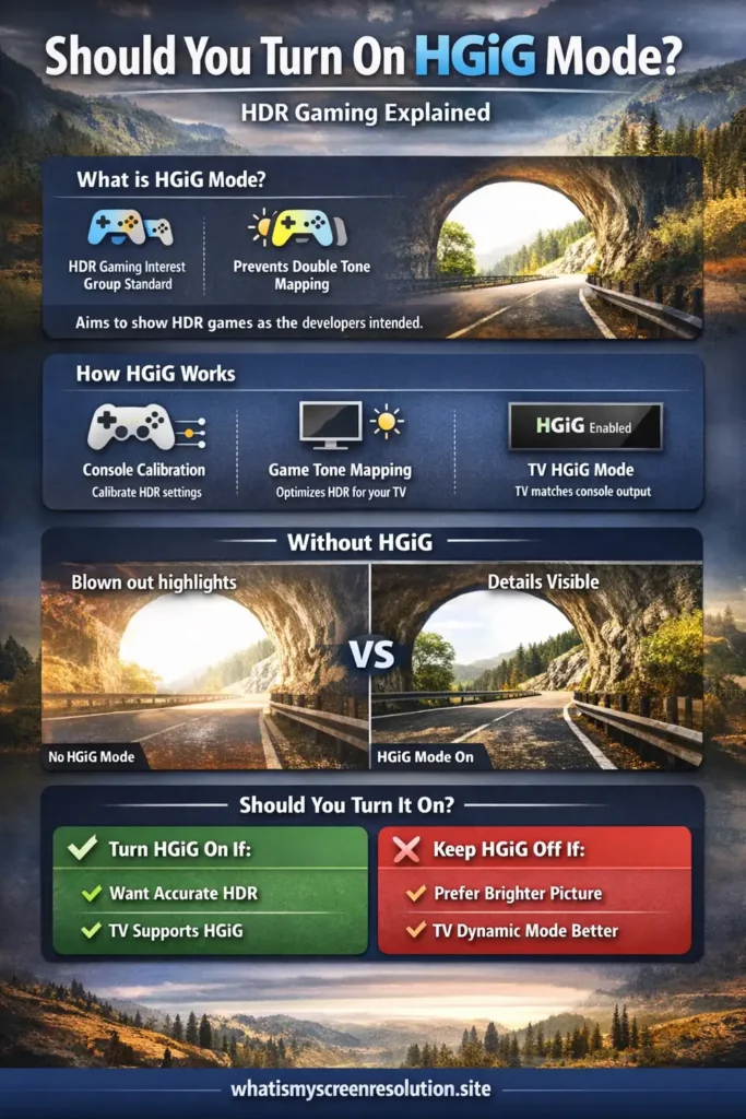 HGiG Mode infographic explaining how HDR Gaming Interest Group prevents double tone mapping, comparison of HGiG on vs off, and when gamers should enable HGiG mode.