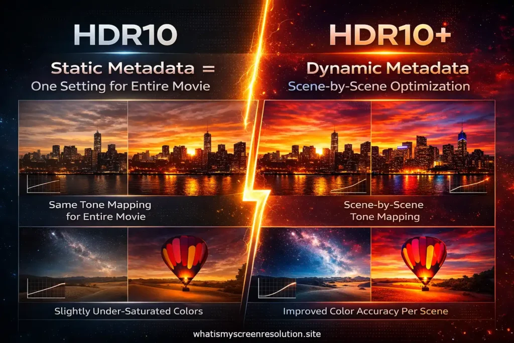 Infographic comparing HDR10 static metadata vs HDR10+ dynamic metadata showing scene-by-scene tone mapping, color accuracy, and brightness differences.