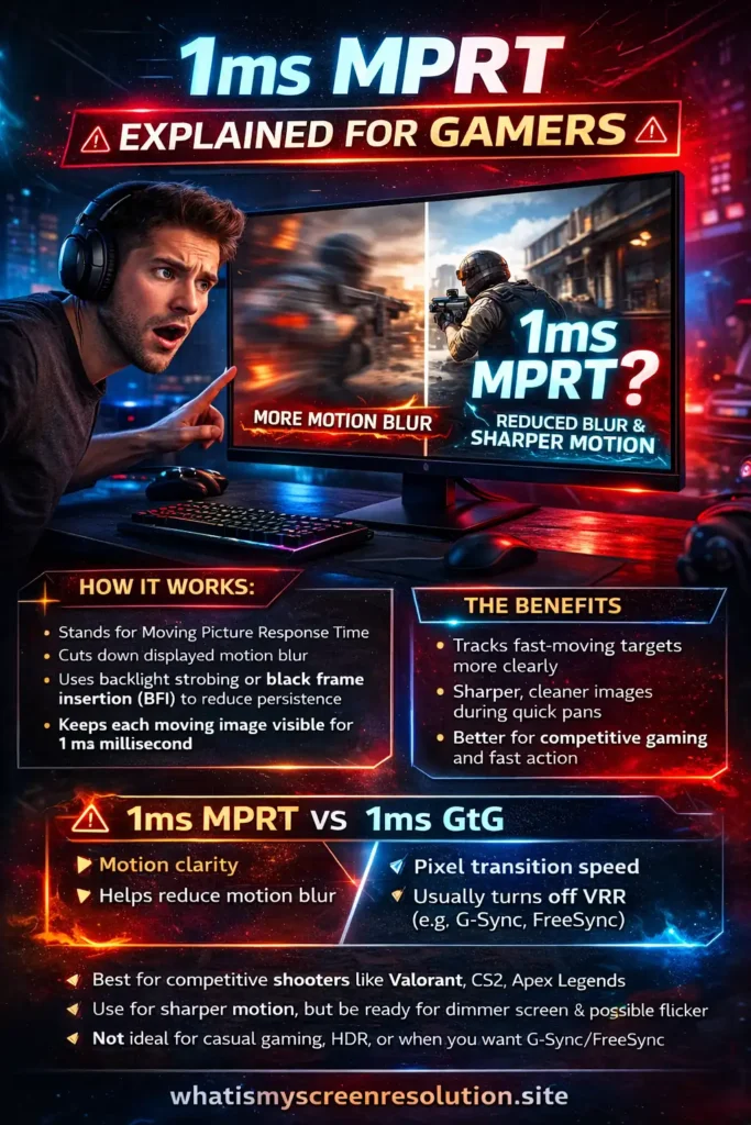 1ms MPRT explained for gamers infographic showing motion blur vs sharper motion, backlight strobing, and 1ms MPRT vs 1ms GtG on gaming monitors.