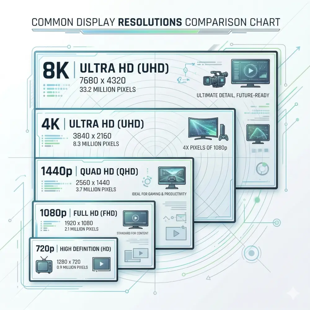common screen resolutions comparison chart showing 720p 1080p 1440p 4k and 8k display sizes