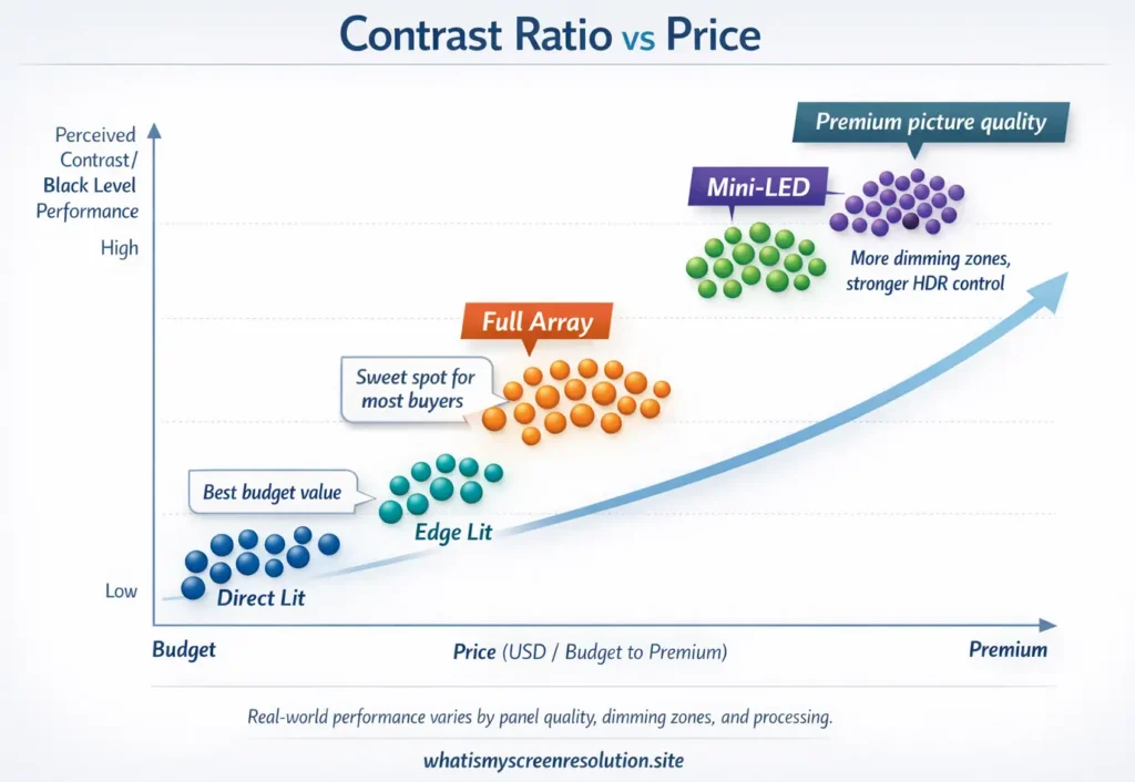 Scatter plot comparing Direct Lit, Edge Lit, Full Array, Mini-LED, and OLED TVs by price and perceived contrast ratio or black level performance.