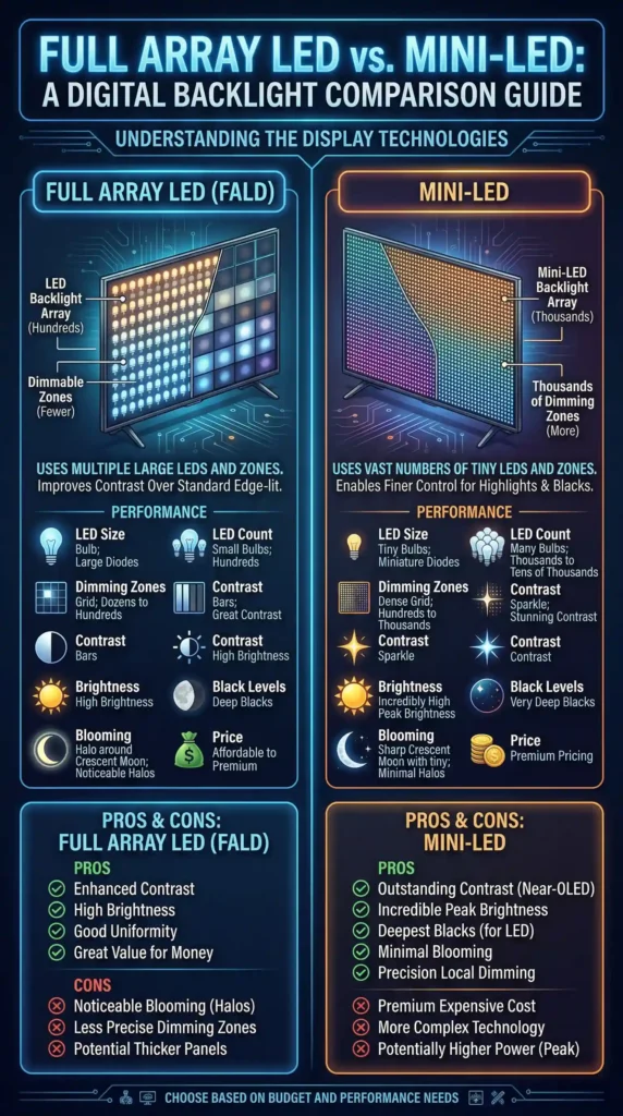 Full Array LED vs Mini-LED infographic comparison guide showing dimming zones, brightness, blooming control, and value differences