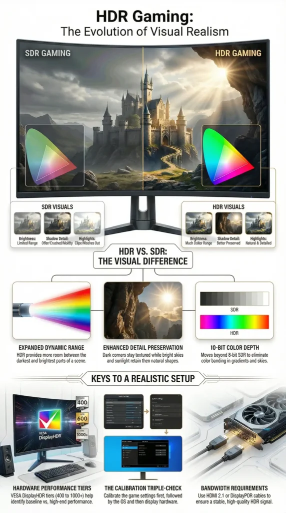 HDR Gaming vs SDR infographic showing brighter highlights, better shadow detail, 10-bit color depth, DisplayHDR tiers, calibration steps, and bandwidth requirements for realistic gaming visuals