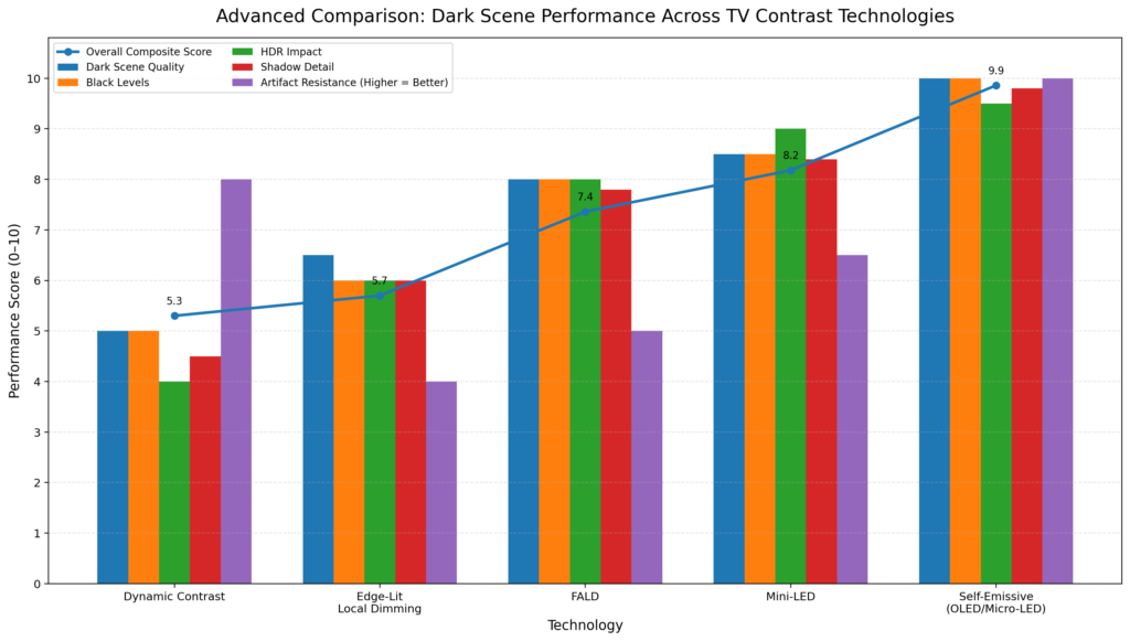 Performance comparison graph showing Dynamic Contrast, Edge-Lit Local Dimming, FALD, Mini-LED, and self-emissive displays (OLED/Micro-LED) across dark scene quality, black levels, HDR impact, shadow detail, and blooming control.