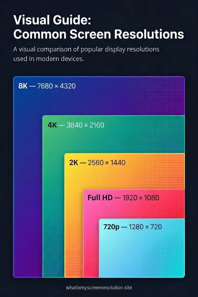 screen resolution size comparison showing 720p 1080p 1440p 4k and 8k display resolutions