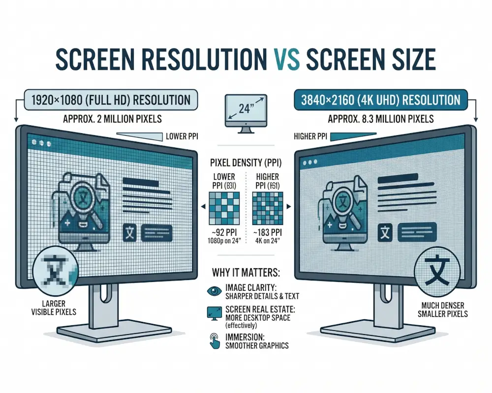 screen resolution vs screen size comparison showing pixel density difference between 1080p and 4k