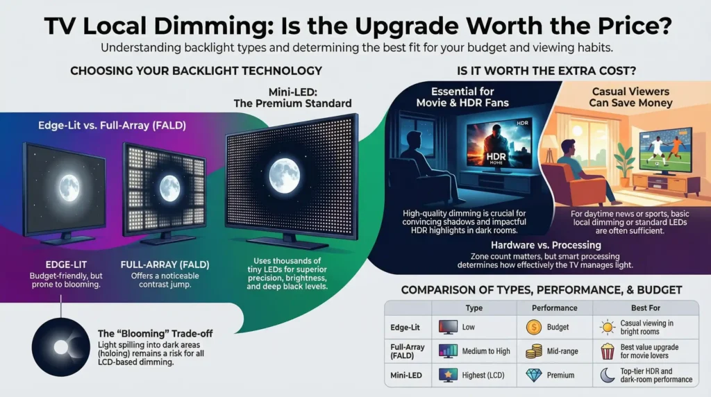 Infographic comparing Edge-Lit, Full-Array Local Dimming (FALD), and Mini-LED TVs, showing blooming, contrast, price, and when paying extra for local dimming is worth it.
