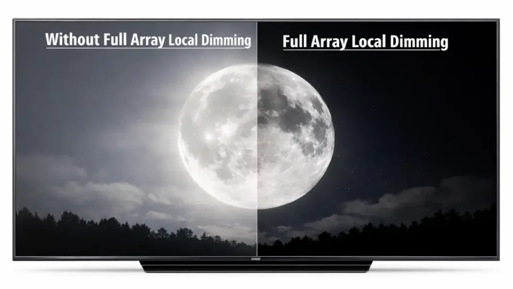 Side-by-side TV comparison showing without full array local dimming vs full array local dimming, with the same moon scene demonstrating blooming on the left and deeper blacks on the right.