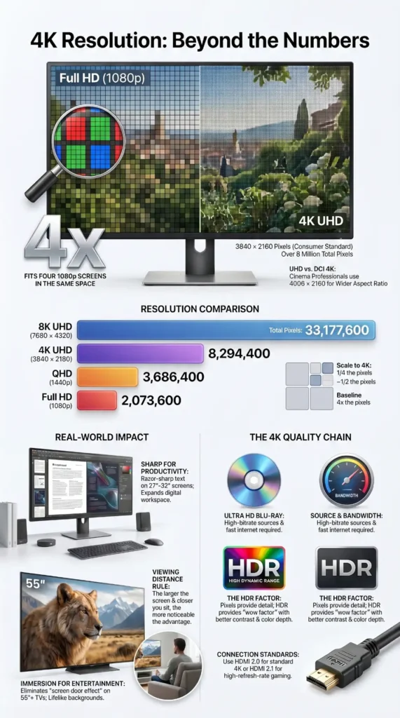 Infographic comparing 4K UHD vs Full HD 1080p, showing 3840 × 2160 resolution, 8.3 million pixels, viewing distance, HDR, and 4K display quality factors