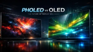 Hero image comparing PHOLED vs OLED display technology with OLED as the current premium standard and PHOLED as the future display evolution