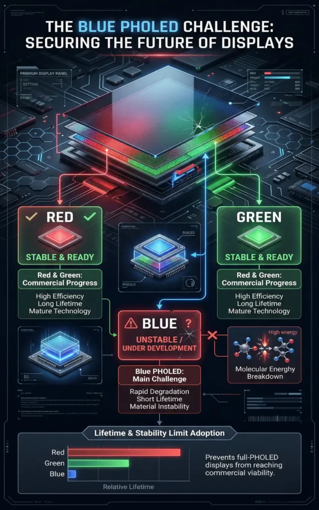 Infographic showing the blue PHOLED challenge with red and green phosphorescent emitters more mature and blue still limited by stability and lifespan issues