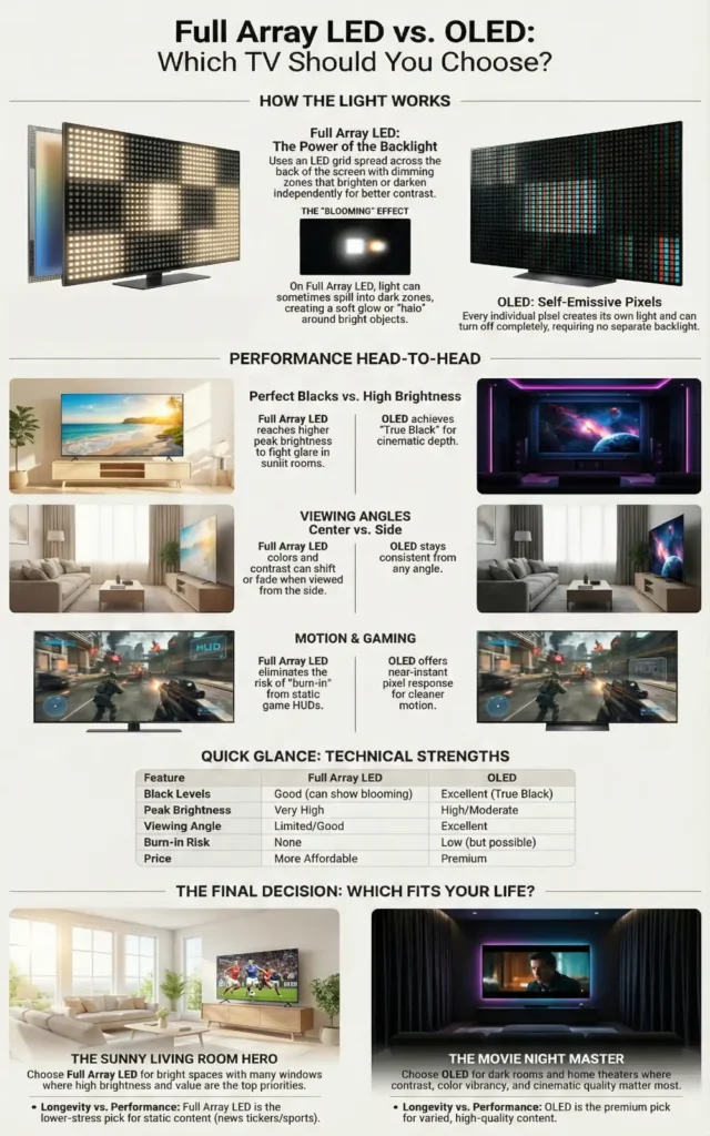 Full Array LED vs OLED infographic comparing brightness, black levels, viewing angles, gaming, and burn-in risk