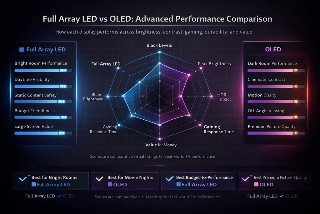 Full Array LED vs OLED performance comparison chart showing brightness, black levels, gaming response, HDR impact, and value