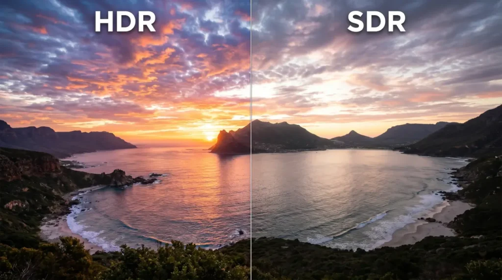 Side-by-side comparison showing the same sports scene on an SDR display and an HDR display, highlighting differences in brightness, contrast, and color depth.