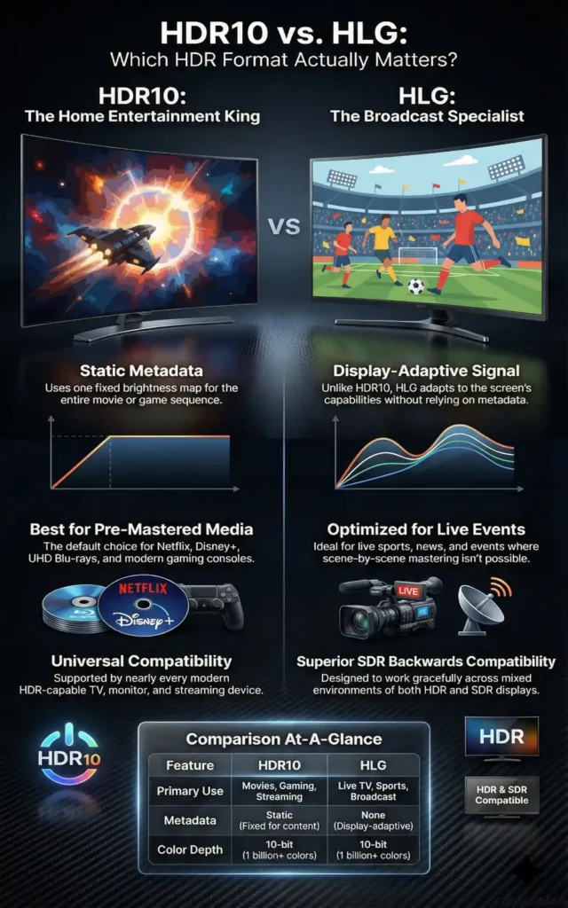 Infographic comparing HDR10 vs HLG, including metadata behavior, best use cases, compatibility, and key format differences