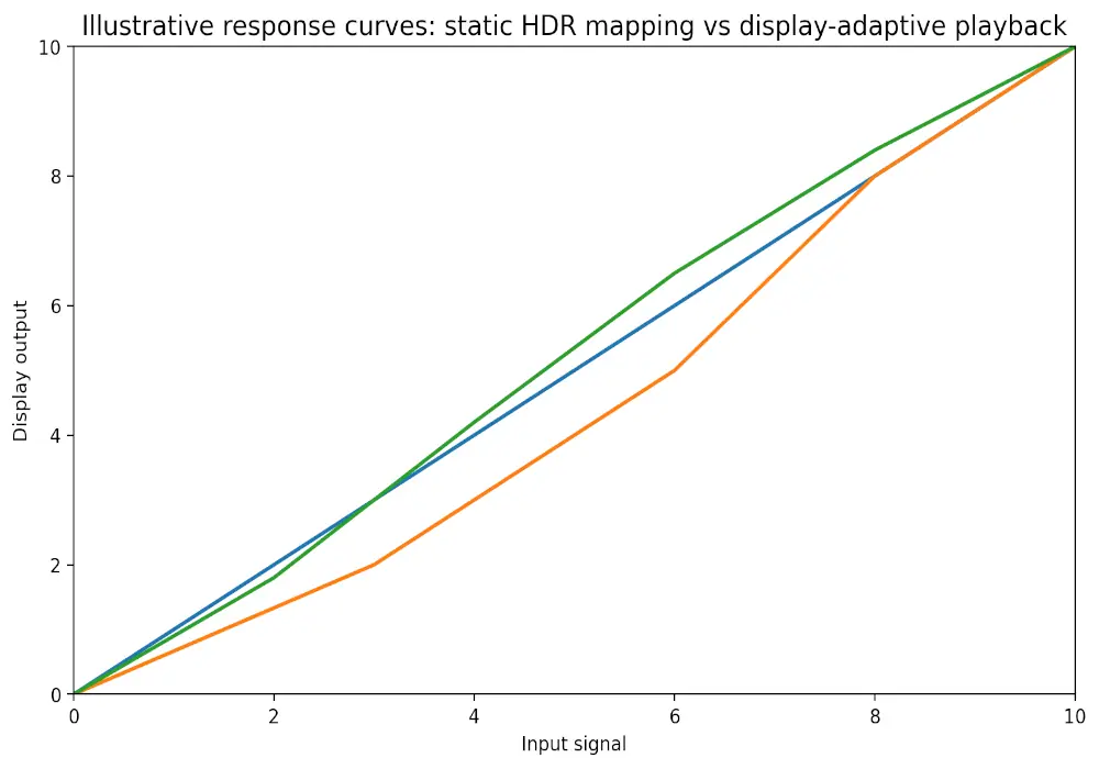 Illustrative HDR response curve comparing HDR10 static mapping with HLG-style display-adaptive playback behavior