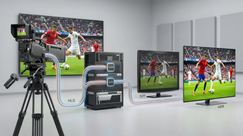 Illustration showing an HLG broadcast workflow from camera capture through a signal chain to both SDR and HDR displays.