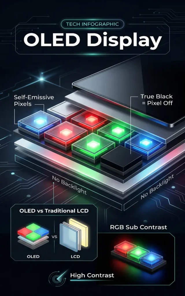 Illustration showing how OLED works with self-emissive pixels, no backlight, and a black pixel turned off for true blacks and high contrast