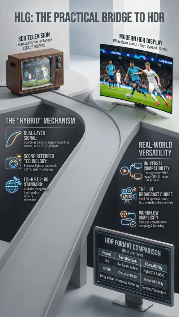 Infographic showing how Hybrid Log-Gamma (HLG) bridges SDR and HDR by combining traditional gamma and logarithmic signal behavior for compatibility with legacy SDR TVs and modern HDR displays.