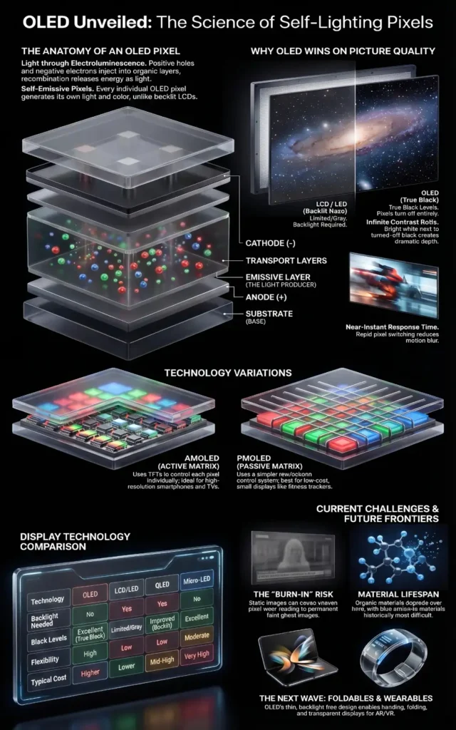 OLED vs LCD infographic showing self-emissive OLED pixels, true black levels, fast response times, flexible design, and a comparison with traditional backlit LCD technology