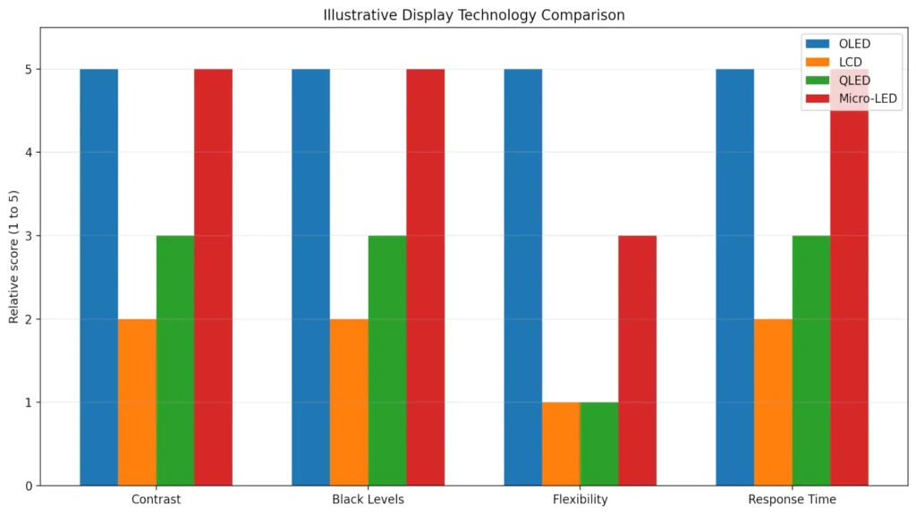 Bar chart comparing OLED, LCD, QLED, and Micro-LED for contrast, black levels, flexibility, and response time in a simplified display technology comparison