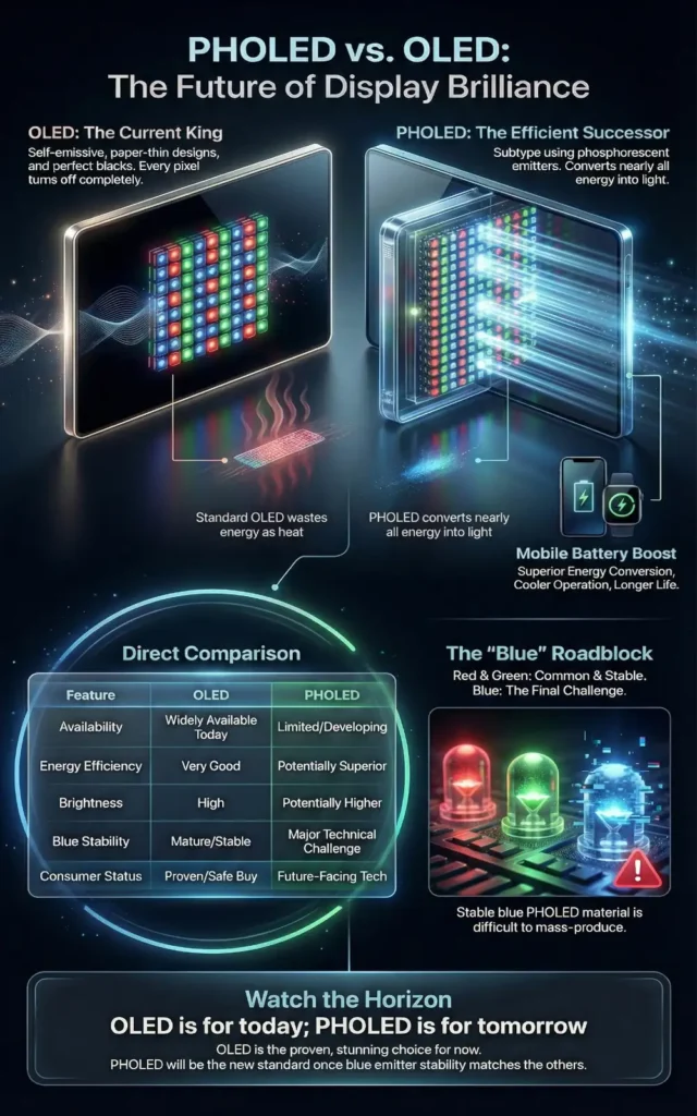 Infographic showing the blue PHOLED challenge with red and green phosphorescent emitters more mature and blue still limited by stability and lifespan issues