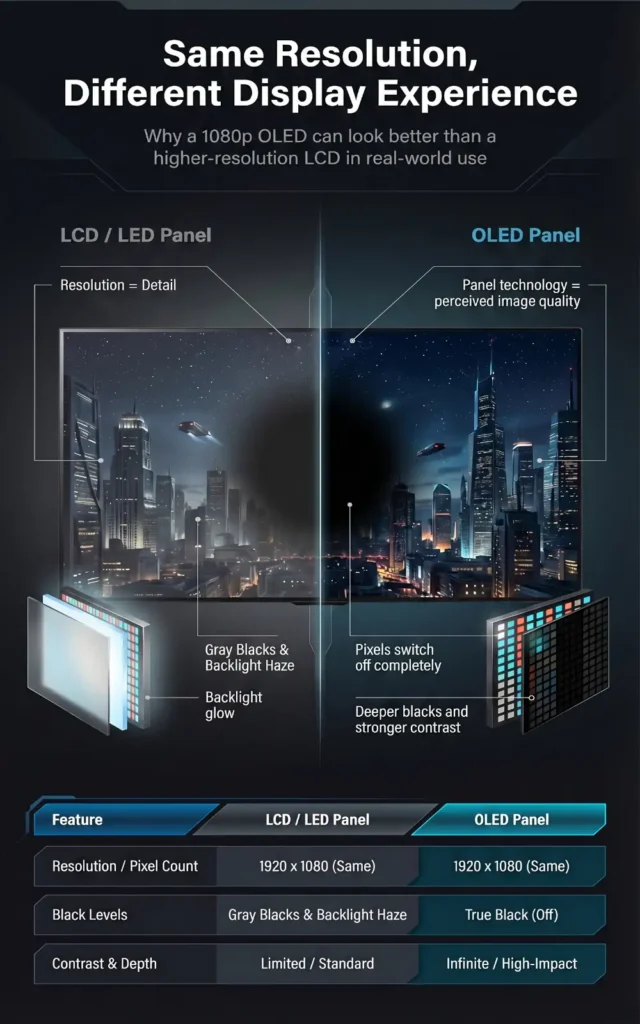 Side-by-side comparison showing how an OLED display and an LCD display can look different at the same resolution, highlighting true black levels, contrast, and shadow detail