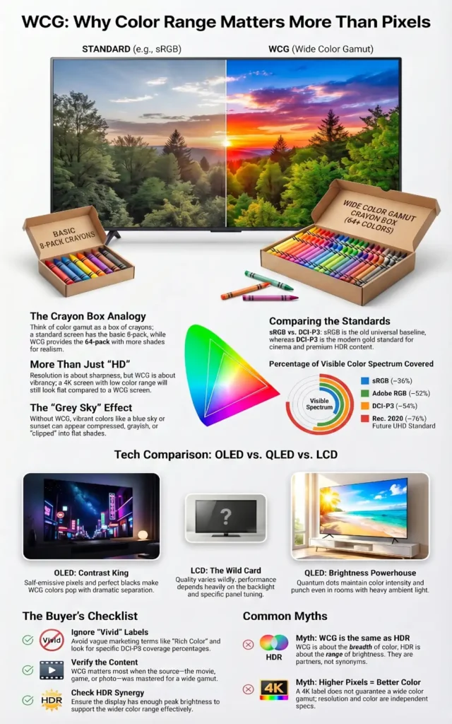 Infographic comparing standard sRGB vs wide color gamut (WCG), showing why DCI-P3 and wider color ranges look more vibrant than standard displays