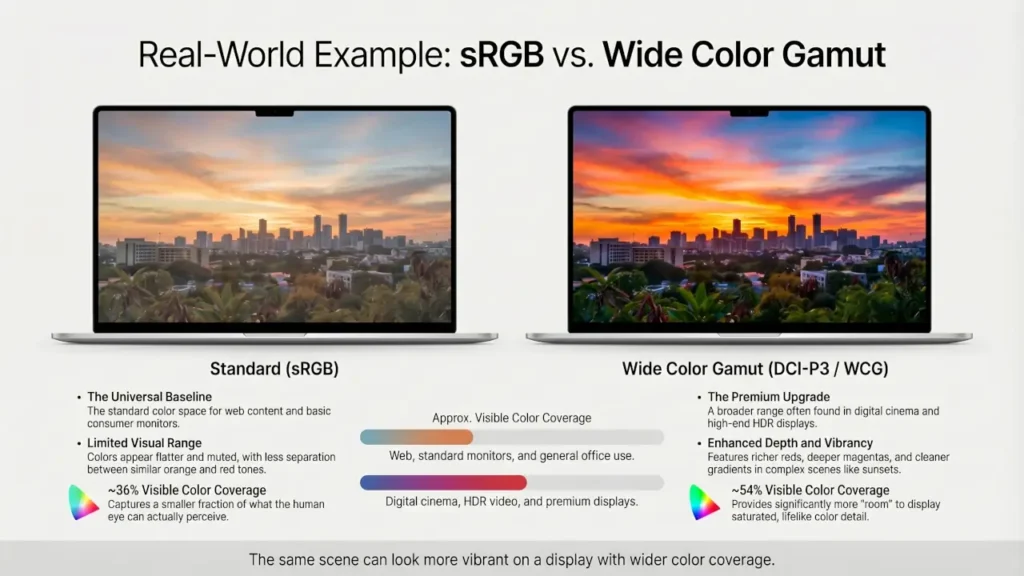 Side-by-side display comparison showing standard sRGB versus wide color gamut (DCI-P3), with the same sunset scene appearing more vibrant on the wide gamut display