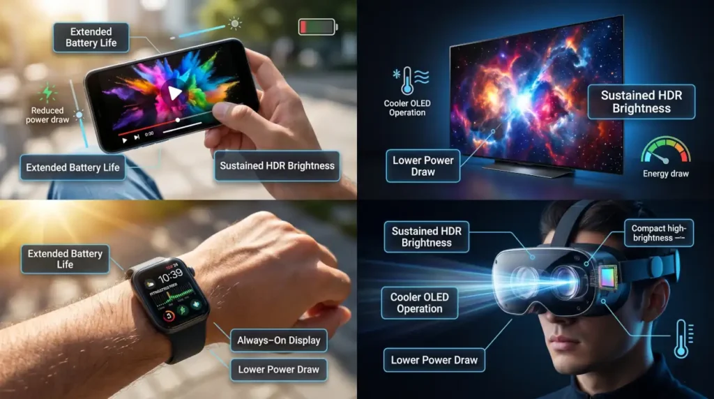 Blue PHOLED real-world benefits on smartphones, OLED TVs, smartwatches, and AR VR displays