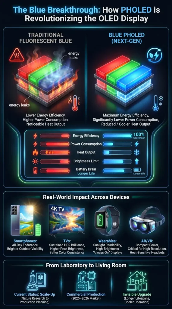 Blue PHOLED vs traditional fluorescent OLED comparison showing lower power consumption, reduced heat output, and improved display efficiency
