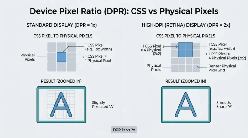 device pixel ratio diagram showing css pixels mapped to physical pixels 1x vs 2x