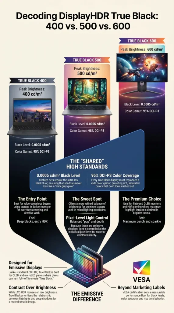 Infographic comparing DisplayHDR True Black 400, 500, and 600 brightness tiers, black levels, and OLED HDR use cases
