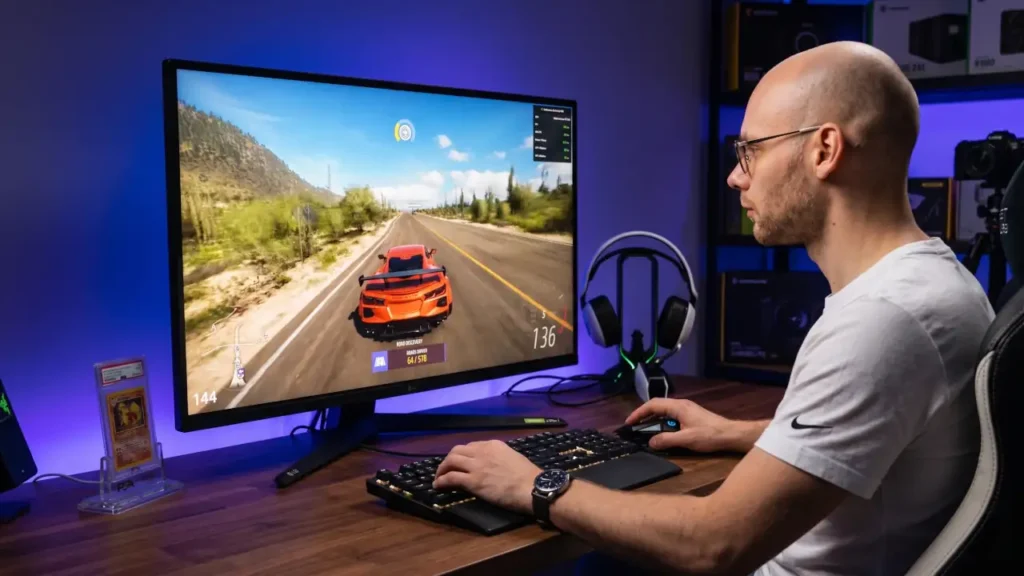 LG 32GQ950-B running a racing game at 4K resolution with smooth 144Hz performance