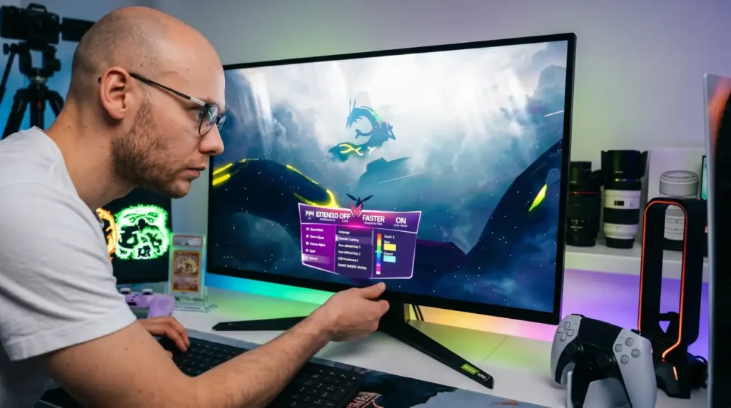 LG 32GQ950-B on-screen display menu showing gaming settings and customization options