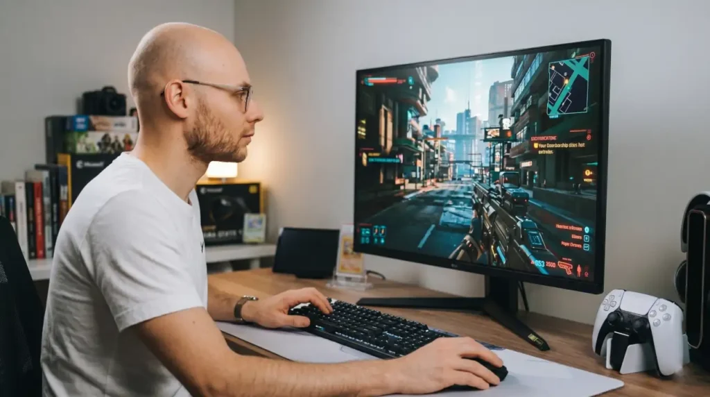 LG 32GQ950-B used in a real gaming setup displaying a high-detail open-world game