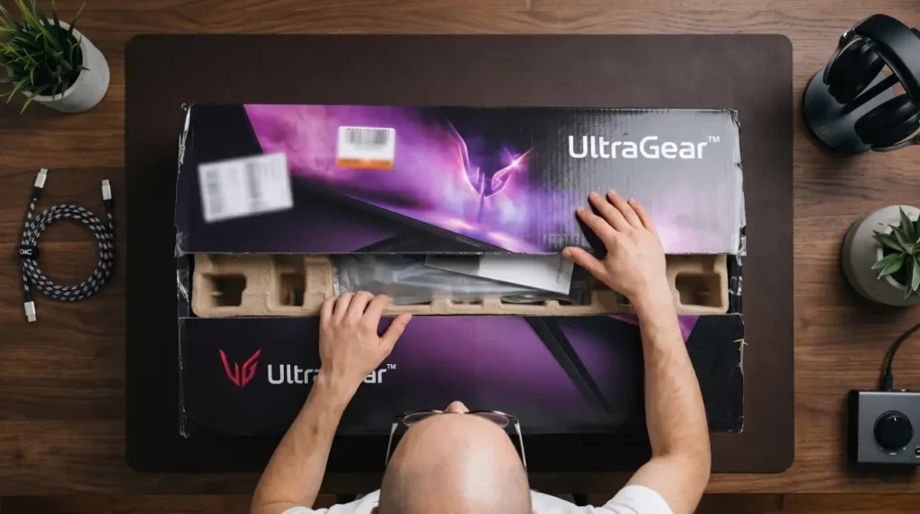 Unboxing the LG UltraGear 32GQ950-B monitor showing packaging and included accessories