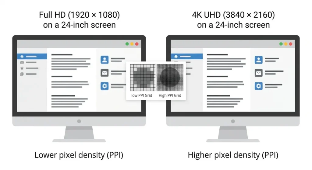 1080p vs 4k resolution comparison showing pixel density difference on same screen size